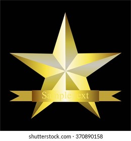 Vector illustration of Gold star and ribbon on a black background. Text.