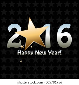 Vector illustration of Gold star, silver text. Happy New Year 2016! Stars on a black background.