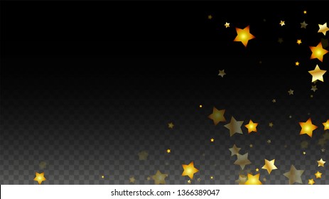 Vector Illustration with Gold Stars on Black Transparent Background. Magic Night. Cosmic Pattern. Stars Confetti. Flying Stardust.  Cosmic Shiny Child Design. Luxury Golden Starry Design. Premium.