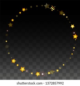 Vector Illustration with Gold Stars on Black Transparent Background. Magic Night. Cosmic Pattern. Stars Confetti. Flying Stardust.  Cosmic Shiny Child Design. Luxury Golden Starry Design. Premium.