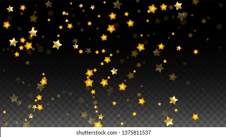 Vector Illustration with Gold Stars on Black Transparent Background. Magic Night. Cosmic Pattern. Stars Confetti. Flying Stardust.  Cosmic Shiny Child Design. Luxury Golden Starry Design. Premium.