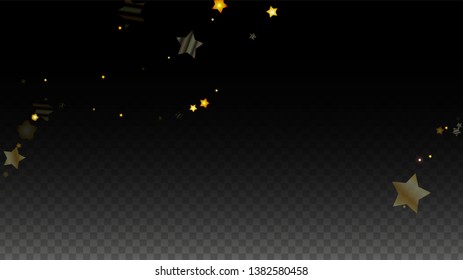 Vector Illustration with Gold Stars on Black Transparent Background. Magic Night. Cosmic Pattern. Stars Confetti. Flying Stardust.  Cosmic Shiny Child Design. Luxury Golden Starry Design. Premium.