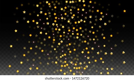 Vector Illustration with Gold Stars on Black Transparent Background. Magic Night. Cosmic Pattern. Stars Confetti. Flying Stardust.  Cosmic Shiny Child Design. Luxury Golden Starry Design. Premium.