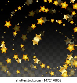 Vector Illustration with Gold Stars on Black Transparent Background. Magic Night. Cosmic Pattern. Stars Confetti. Flying Stardust.  Cosmic Shiny Child Design. Luxury Golden Starry Design. Premium.