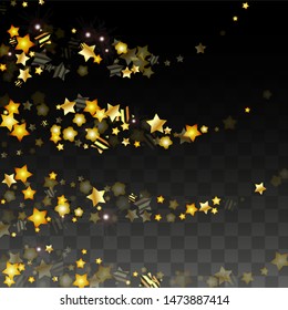 Vector Illustration with Gold Stars on Black Transparent Background. Magic Night. Cosmic Pattern. Stars Confetti. Flying Stardust.  Cosmic Shiny Child Design. Luxury Golden Starry Design. Premium.