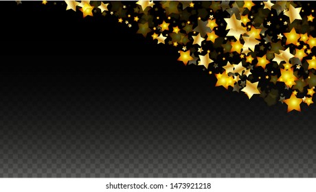 Vector Illustration with Gold Stars on Black Transparent Background. Magic Night. Cosmic Pattern. Stars Confetti. Flying Stardust.  Cosmic Shiny Child Design. Luxury Golden Starry Design. Premium.