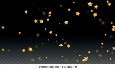 Vector Illustration with Gold Stars on Black Transparent Background. Magic Night. Cosmic Pattern. Stars Confetti. Flying Stardust.  Cosmic Shiny Child Design. Luxury Golden Starry Design. Premium.