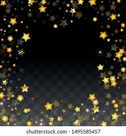 Vector Illustration with Gold Stars on Black Transparent Background. Magic Night. Cosmic Pattern. Stars Confetti. Flying Stardust.  Cosmic Shiny Child Design. Luxury Golden Starry Design. Premium.