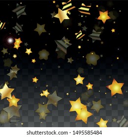 Vector Illustration with Gold Stars on Black Transparent Background. Magic Night. Cosmic Pattern. Stars Confetti. Flying Stardust.  Cosmic Shiny Child Design. Luxury Golden Starry Design. Premium.