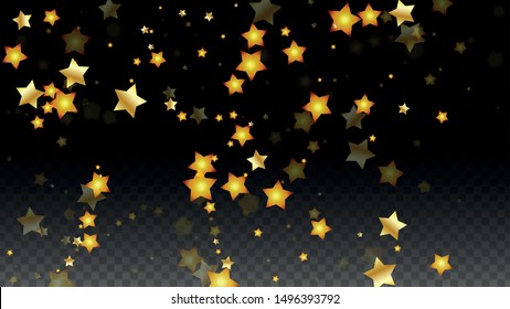 Vector Illustration with Gold Stars on Black Transparent Background. Magic Night. Cosmic Pattern. Stars Confetti. Flying Stardust.  Cosmic Shiny Child Design. Luxury Golden Starry Design. Premium.