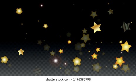 Vector Illustration with Gold Stars on Black Transparent Background. Magic Night. Cosmic Pattern. Stars Confetti. Flying Stardust.  Cosmic Shiny Child Design. Luxury Golden Starry Design. Premium.