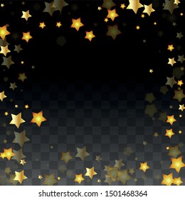 Vector Illustration with Gold Stars on Black Transparent Background. Magic Night. Cosmic Pattern. Stars Confetti. Flying Stardust.  Cosmic Shiny Child Design. Luxury Golden Starry Design. Premium.