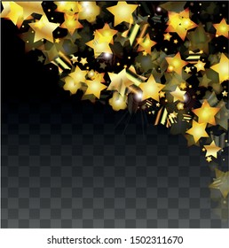 Vector Illustration with Gold Stars on Black Transparent Background. Magic Night. Cosmic Pattern. Stars Confetti. Flying Stardust.  Cosmic Shiny Child Design. Luxury Golden Starry Design. Premium.