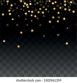 Vector Illustration with Gold Stars on Black Transparent Background. Magic Night. Cosmic Pattern. Stars Confetti. Flying Stardust.  Cosmic Shiny Child Design. Luxury Golden Starry Design. Premium.