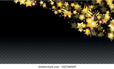 Vector Illustration with Gold Stars on Black Transparent Background. Magic Night. Cosmic Pattern. Stars Confetti. Flying Stardust.  Cosmic Shiny Child Design. Luxury Golden Starry Design. Premium.