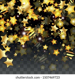 Vector Illustration with Gold Stars on Black Transparent Background. Magic Night. Cosmic Pattern. Stars Confetti. Flying Stardust.  Cosmic Shiny Child Design. Luxury Golden Starry Design. Premium.