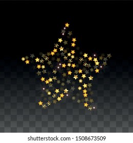 Vector Illustration with Gold Stars on Black Transparent Background. Magic Night. Cosmic Pattern. Stars Confetti Flying Stardust.  Cosmic Shiny Child Design. Luxury Golden Starry Design. Premium.
