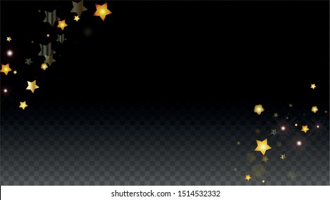 Vector Illustration with Gold Stars on Black Transparent Background. Magic Night. Cosmic Pattern. Stars Confetti. Flying Stardust.  Cosmic Shiny Child Design. Luxury Golden Starry Design. Premium.