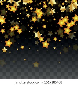Vector Illustration with Gold Stars on Black Transparent Background. Magic Night. Cosmic Pattern. Stars Confetti. Flying Stardust.  Cosmic Shiny Child Design. Luxury Golden Starry Design. Premium.