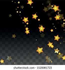 Vector Illustration with Gold Stars on Black Transparent Background. Magic Night. Cosmic Pattern. Stars Confetti. Flying Stardust.  Cosmic Shiny Child Design. Luxury Golden Starry Design. Premium.