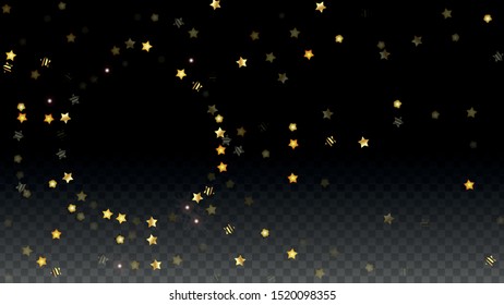 Vector Illustration with Gold Stars on Black Transparent Background. Magic Night. Cosmic Pattern. Stars Confetti. Flying Stardust.  Cosmic Shiny Child Design. Luxury Golden Starry Design. Premium.