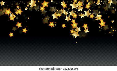 Vector Illustration with Gold Stars on Black Transparent Background. Magic Night. Cosmic Pattern. Stars Confetti. Flying Stardust.  Cosmic Shiny Child Design. Luxury Golden Starry Design. Premium.
