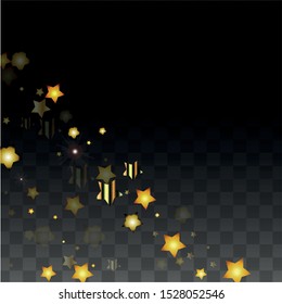 Vector Illustration with Gold Stars on Black Transparent Background. Magic Night. Cosmic Pattern. Stars Confetti. Flying Stardust.  Cosmic Shiny Child Design. Luxury Golden Starry Design. Premium.