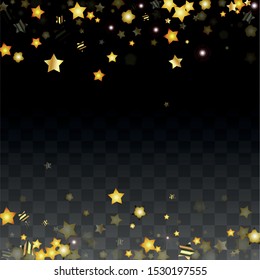 Vector Illustration with Gold Stars on Black Transparent Background. Magic Night. Cosmic Pattern. Stars Confetti. Flying Stardust.  Cosmic Shiny Child Design. Luxury Golden Starry Design. Premium.