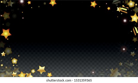 Vector Illustration with Gold Stars on Black Transparent Background. Magic Night. Cosmic Pattern. Stars Confetti. Flying Stardust.  Cosmic Shiny Child Design. Luxury Golden Starry Design. Premium.