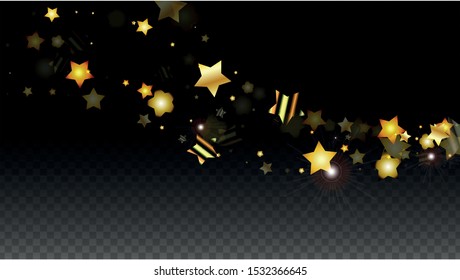 Vector Illustration with Gold Stars on Black Transparent Background. Magic Night. Cosmic Pattern. Stars Confetti. Flying Stardust.  Cosmic Shiny Child Design. Luxury Golden Starry Design. Premium.