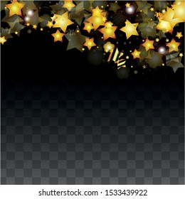 Vector Illustration with Gold Stars on Black Transparent Background. Magic Night. Cosmic Pattern. Stars Confetti. Flying Stardust.  Cosmic Shiny Child Design. Luxury Golden Starry Design. Premium.