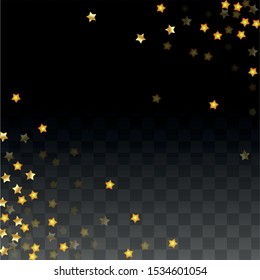 Vector Illustration with Gold Stars on Black Transparent Background. Magic Night. Cosmic Pattern. Stars Confetti. Flying Stardust.  Cosmic Shiny Child Design. Luxury Golden Starry Design. Premium.