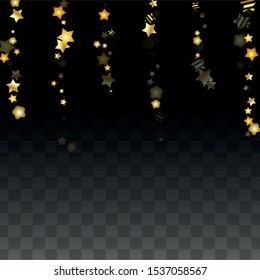 Vector Illustration with Gold Stars on Black Transparent Background. Magic Night. Cosmic Pattern. Stars Confetti. Flying Stardust.  Cosmic Shiny Child Design. Luxury Golden Starry Design. Premium.