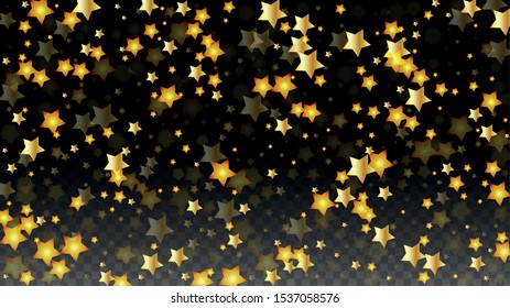 Vector Illustration with Gold Stars on Black Transparent Background. Magic Night. Cosmic Pattern. Stars Confetti. Flying Stardust.  Cosmic Shiny Child Design. Luxury Golden Starry Design. Premium.