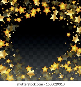 Vector Illustration with Gold Stars on Black Transparent Background. Magic Night. Cosmic Pattern. Stars Confetti. Flying Stardust.  Cosmic Shiny Child Design. Luxury Golden Starry Design. Premium.