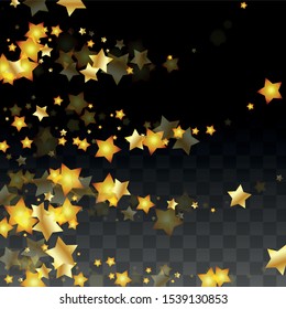 Vector Illustration with Gold Stars on Black Transparent Background. Magic Night. Cosmic Pattern. Stars Confetti. Flying Stardust.  Cosmic Shiny Child Design. Luxury Golden Starry Design. Premium.