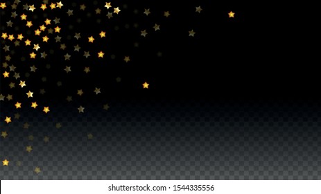 Vector Illustration with Gold Stars on Black Transparent Background. Magic Night. Cosmic Pattern. Stars Confetti. Flying Stardust.  Cosmic Shiny Child Design. Luxury Golden Starry Design. Premium.