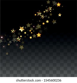 Vector Illustration with Gold Stars on Black Transparent Background. Magic Night. Cosmic Pattern. Stars Confetti. Flying Stardust.  Cosmic Shiny Child Design. Luxury Golden Starry Design. Premium.