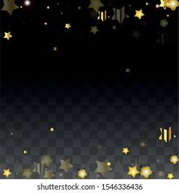 Vector Illustration with Gold Stars on Black Transparent Background. Magic Night. Cosmic Pattern. Stars Confetti. Flying Stardust.  Cosmic Shiny Child Design. Luxury Golden Starry Design. Premium.