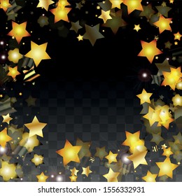 Vector Illustration with Gold Stars on Black Transparent Background. Magic Night. Cosmic Pattern. Stars Confetti. Flying Stardust.  Cosmic Shiny Child Design. Luxury Golden Starry Design. Premium.