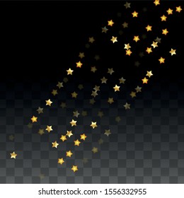 Vector Illustration with Gold Stars on Black Transparent Background. Magic Night. Cosmic Pattern. Stars Confetti. Flying Stardust.  Cosmic Shiny Child Design. Luxury Golden Starry Design. Premium.