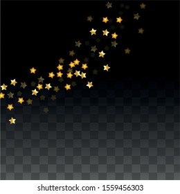 Vector Illustration with Gold Stars on Black Transparent Background. Magic Night. Cosmic Pattern. Stars Confetti. Flying Stardust.  Cosmic Shiny Child Design. Luxury Golden Starry Design. Premium.