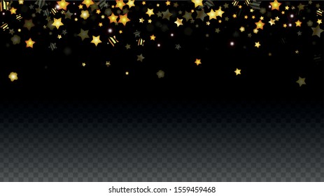 Vector Illustration with Gold Stars on Black Transparent Background. Magic Night. Cosmic Pattern. Stars Confetti. Flying Stardust.  Cosmic Shiny Child Design. Luxury Golden Starry Design. Premium.