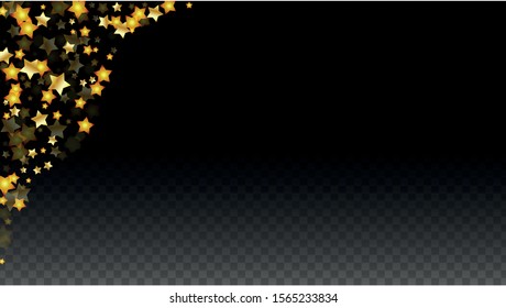 Vector Illustration with Gold Stars on Black Transparent Background. Magic Night. Cosmic Pattern. Stars Confetti. Flying Stardust.  Cosmic Shiny Child Design. Luxury Golden Starry Design. Premium.
