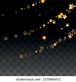 Vector Illustration with Gold Stars on Black Transparent Background. Magic Night. Cosmic Pattern. Stars Confetti. Flying Stardust.  Cosmic Shiny Child Design. Luxury Golden Starry Design. Premium.