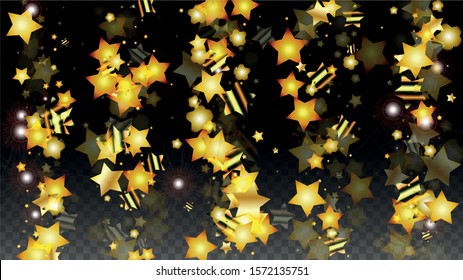 Vector Illustration with Gold Stars on Black Transparent Background. Magic Night. Cosmic Pattern. Stars Confetti. Flying Stardust.  Cosmic Shiny Child Design. Luxury Golden Starry Design. Premium.