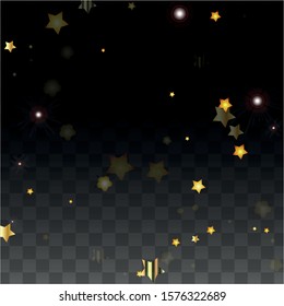 Vector Illustration with Gold Stars on Black Transparent Background. Magic Night. Cosmic Pattern. Stars Confetti. Flying Stardust.  Cosmic Shiny Child Design. Luxury Golden Starry Design. Premium.