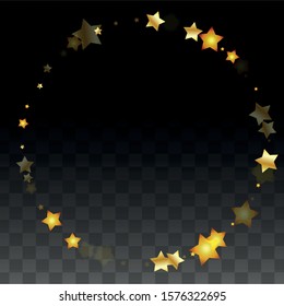 Vector Illustration with Gold Stars on Black Transparent Background. Magic Night. Cosmic Pattern. Stars Confetti. Flying Stardust.  Cosmic Shiny Child Design. Luxury Golden Starry Design. Premium.