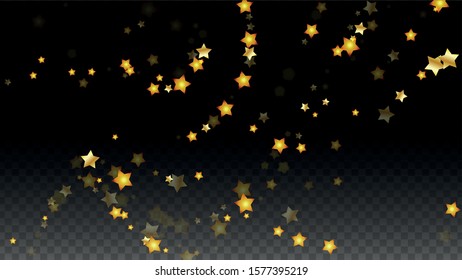 Vector Illustration with Gold Stars on Black Transparent Background. Magic Night. Cosmic Pattern. Stars Confetti. Flying Stardust.  Cosmic Shiny Child Design. Luxury Golden Starry Design. Premium.