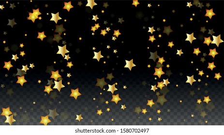 Vector Illustration with Gold Stars on Black Transparent Background. Magic Night. Cosmic Pattern. Stars Confetti. Flying Stardust.  Cosmic Shiny Child Design. Luxury Golden Starry Design. Premium.